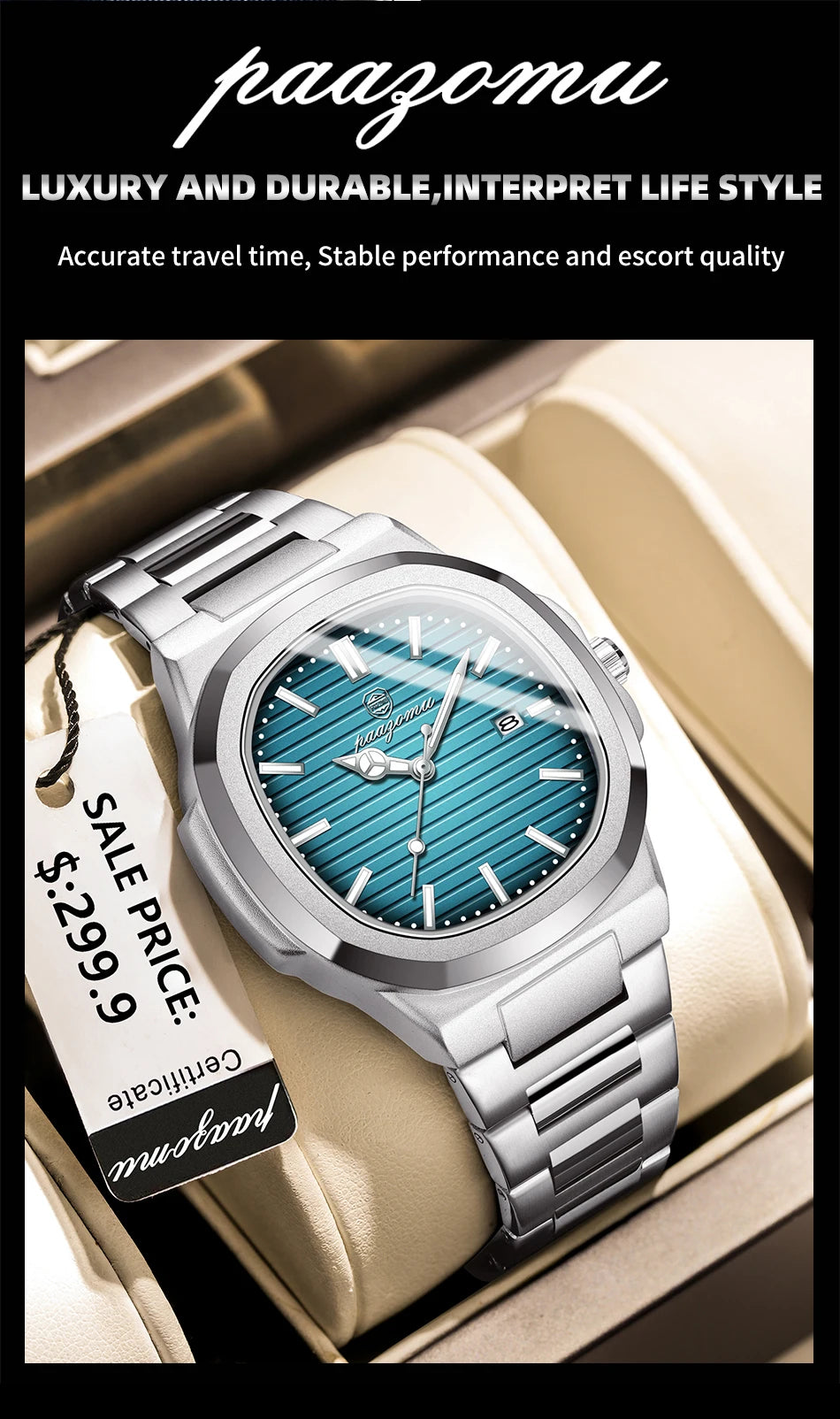 PENGAGAR Trend Men's Watches Classic Fashion Original Quartz Watch for Man Square Dial Waterproof Luminous Date Wristwatch Reloj
