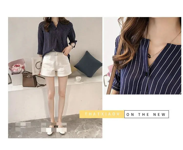 Office Lady Women's Clothing Fashion Casual Striped Loose Three Quarter Sleeve Summer Thin Simplicity Round Neck Button Blouses