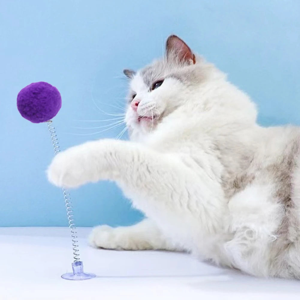 1pc Random Color Cat Feather Spring Ball Toy with Suction Cup Interactive Cat Teaser Wand Cat Toy Cat Scratcher Toy Cat Supplies