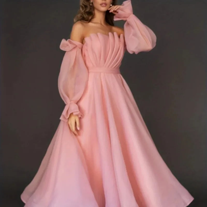 Sexy Fashion Long Sleeve Off Shoulder High Waist Corset Folds Evening Graduation Dress Robe Prom Elegant Women Long Party Dress