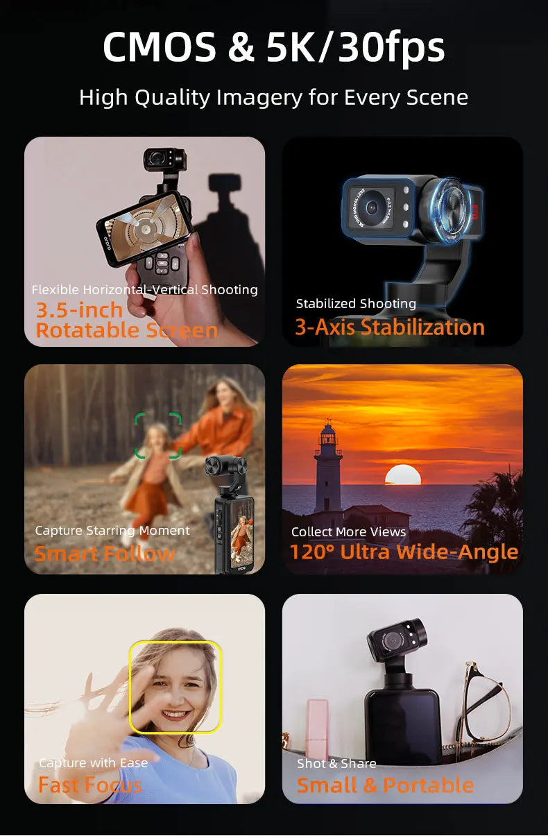 ORDRO M5 Pocket Video Camera Action Vlogging Digital Camcorder 5K 3-axis Face Tracking 3.5" Touch Screen Infrared Night Vision
