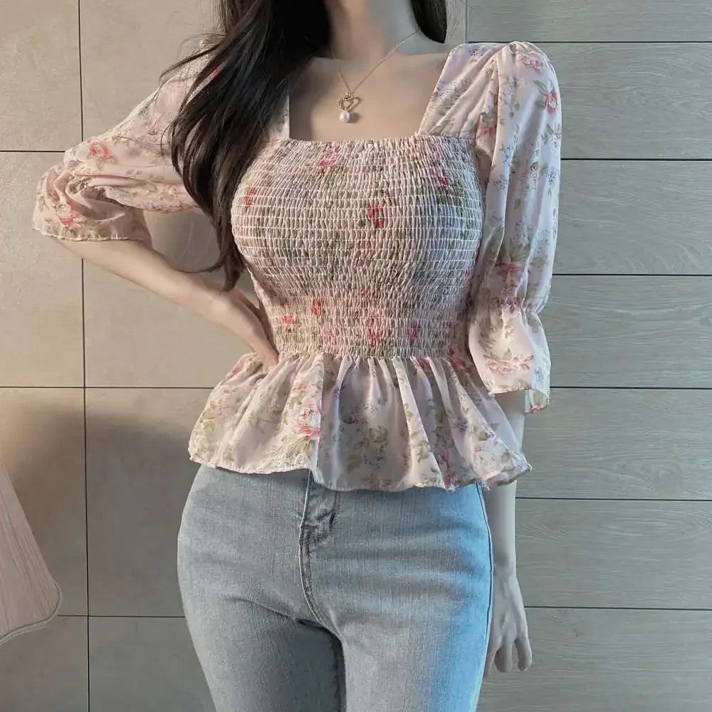 Chiffon Shirt for Women New Floral Flared Sleeves Wrapped in Chest and Waist to Make Them Look Slim Top for Women