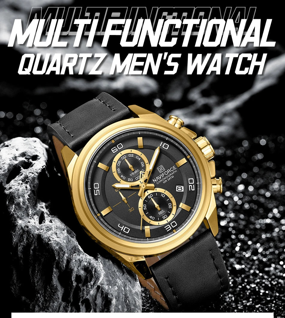 NAVIFORCE  Hands Wristwatches Genuine Leather Strap Alloy Case Casual Watches Dress Watch for Men Waterproof with Date Luminous