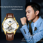 OLEVS 6663 Mens Watch Original Mechanical Watch Tourbillon Waterproof Luminous Leather Strap Moon Phase Day-Date Watch With Box
