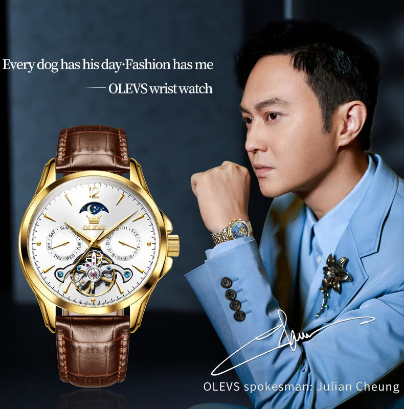 OLEVS 6663 Mens Watch Original Mechanical Watch Tourbillon Waterproof Luminous Leather Strap Moon Phase Day-Date Watch With Box
