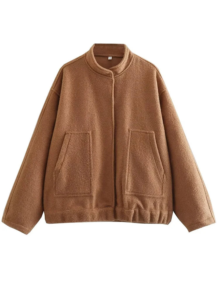 MiuKoMiYa Army Green Short Wool Blend Bomber Jackets For Women Winter Outdoor Women's Woolen Blend Coat Women Loose Wool Jacket