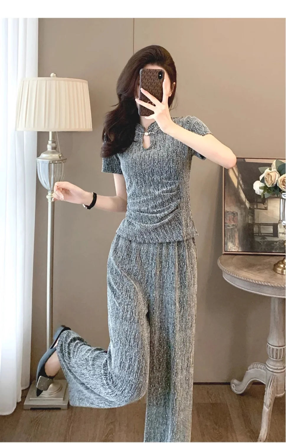 Fashion suit women's summer new style high-end feeling new Chinese style short sleeved top+casual wide leg pants two-piece set
