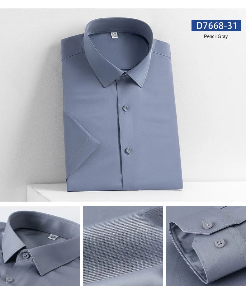 2023 Summer Short Sleeve High Density Silky Material Solid  Elastic Business Men Dress Shirts No Pocket Stretch Clothes