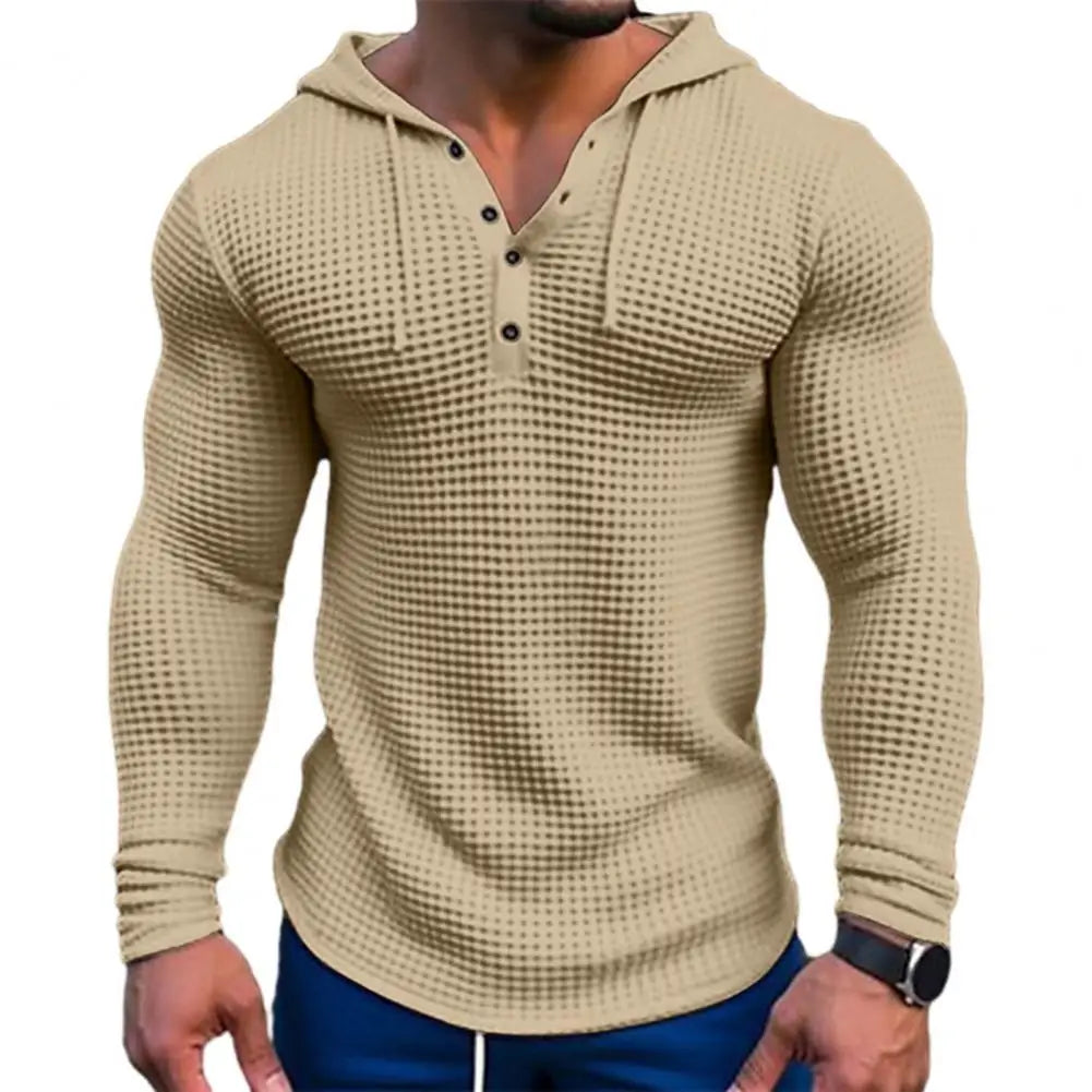 Spring Solid Color Slim Fit Long Sleeved T-shirt, Men's Hooded Breathable Sports Top, Waffle Cotton Casual Long Sleeved Shirt