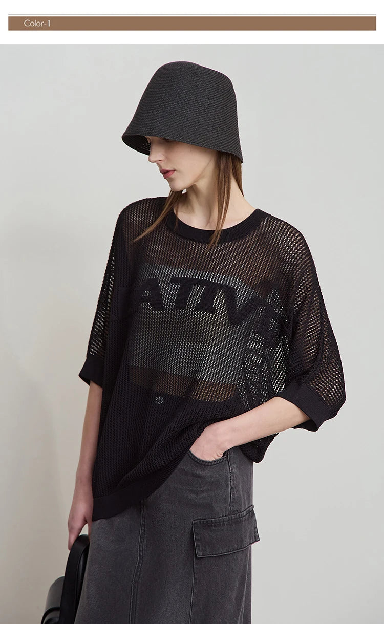 Amii Minimalist Women's Hollowed-out Knitted Pullover 2025 Summer New Half-sleeve Crew Neck Loose Blouse Thin Solid Top 12542139