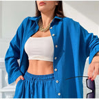 Casual Solid Women Set Tracksuit Women Long Sleeve Single-breasted Shirt and Harem Pants Two Piece Sets Female Fashion Outfits