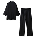 KWTX 2025 Spring Women’s Two Piece Set Solid Pleated V Neck Blazer & Wide Leg Pants Elegant Luxury High Quality Office Set