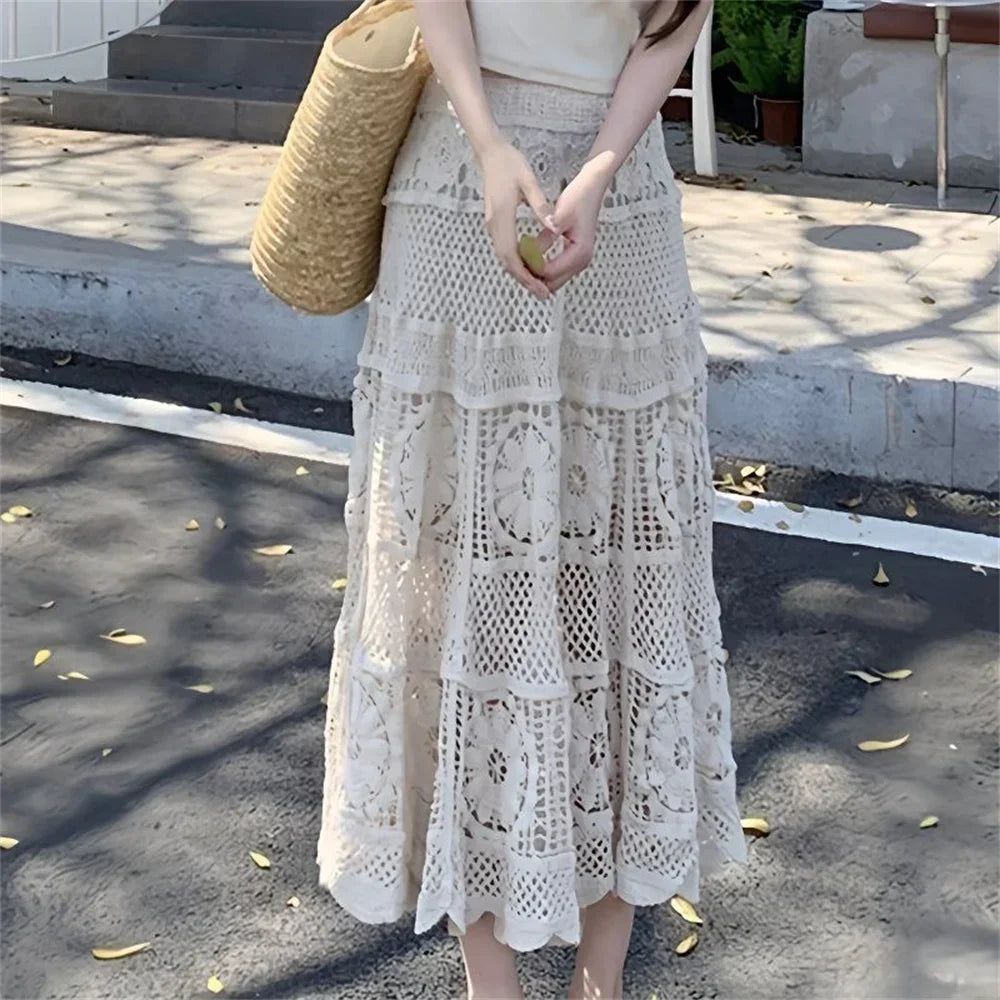 Mid Long Skirt Vintage Women Knitted Skirt 2025 Spring Summer High Waist Holllow Out Crocret Floral Pleated Skirts Lace Elegant