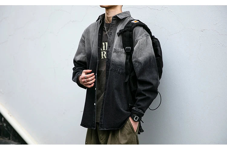 Korean fashion washed gradient denim shirt for men clothing High quality streetwear harajuku casual coat tremdy Long sleeve male