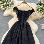 SINGREINY Chic Embroidery Hollow Out Dress Ruffles Splice Off Shoulder Elastic Ruched Slim 2025 Solid Gentle Vacation Long Dress