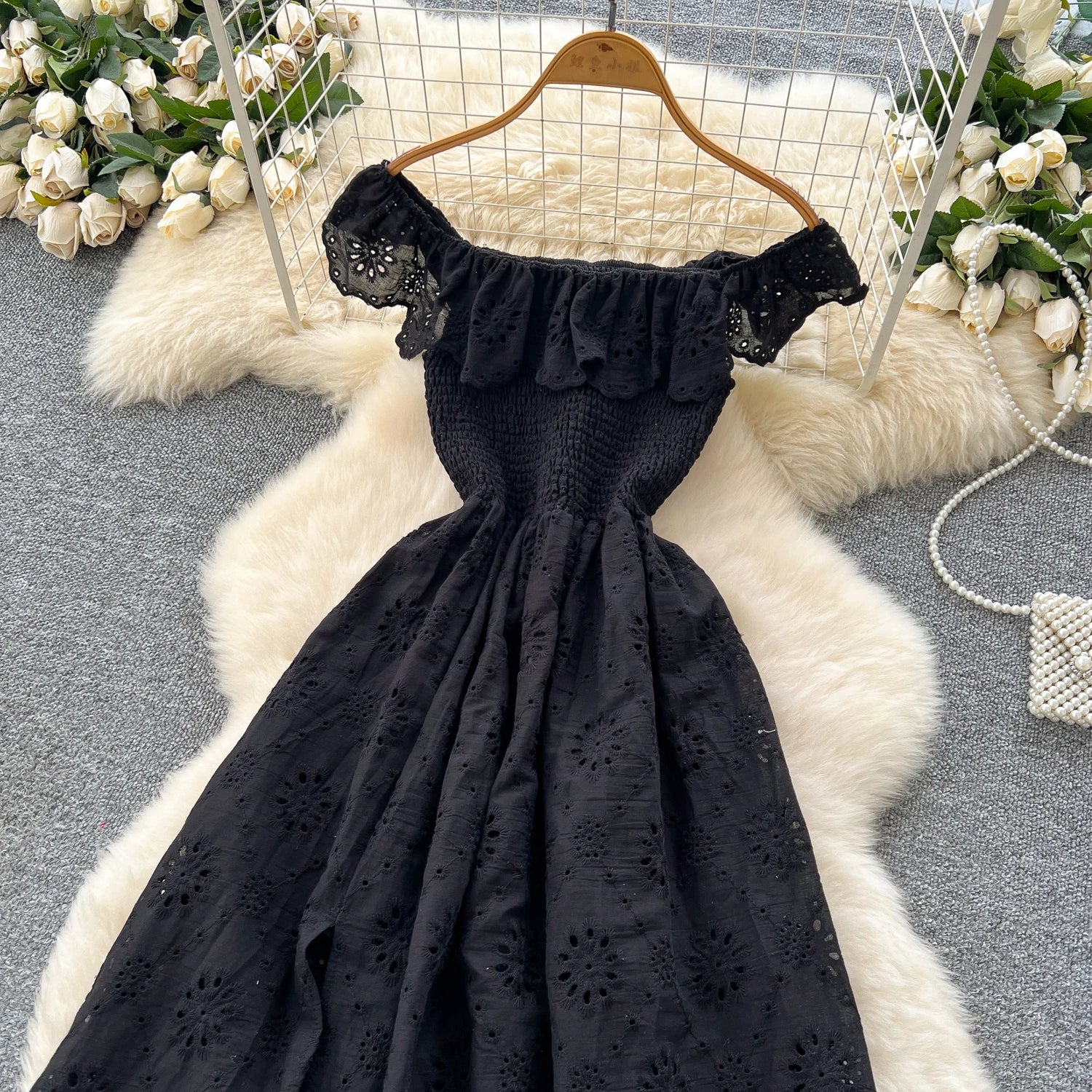 SINGREINY Chic Embroidery Hollow Out Dress Ruffles Splice Off Shoulder Elastic Ruched Slim 2025 Solid Gentle Vacation Long Dress