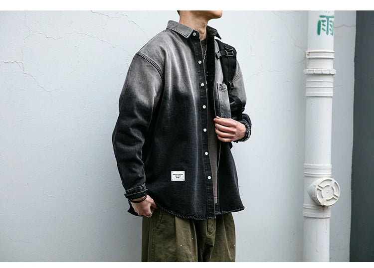 Korean fashion washed gradient denim shirt for men clothing High quality streetwear harajuku casual coat tremdy Long sleeve male
