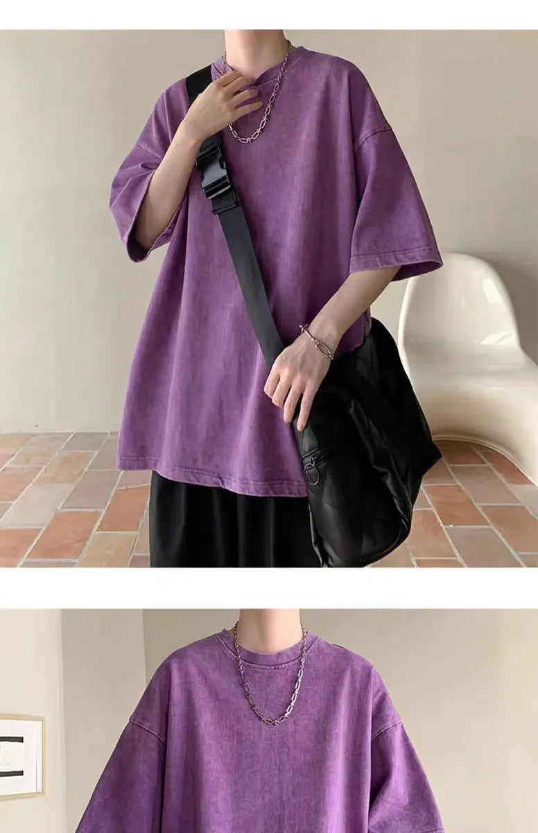 2025 summer European code wash heavy short sleeve T-shirt for young men pure cotton solid color loose retro round neck half slee