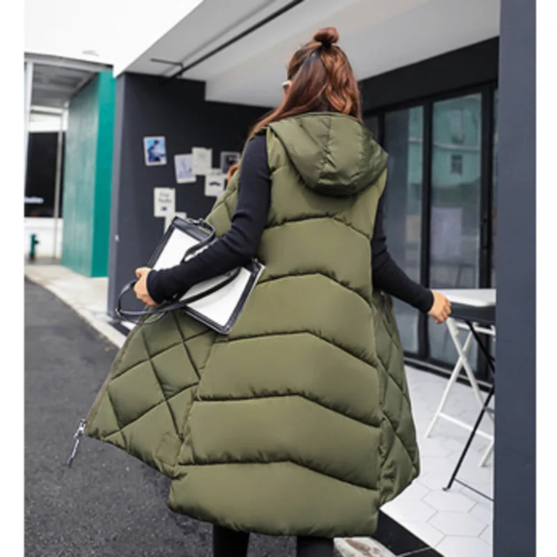 Women's Sleeveless Vest Long Down Padded Jacket Solid Color Hooded Loose Ladies Fashion Casual Warm Winter Jacket Vest Women
