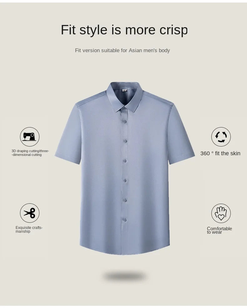 2023 Summer Short Sleeve High Density Silky Material Solid  Elastic Business Men Dress Shirts No Pocket Stretch Clothes
