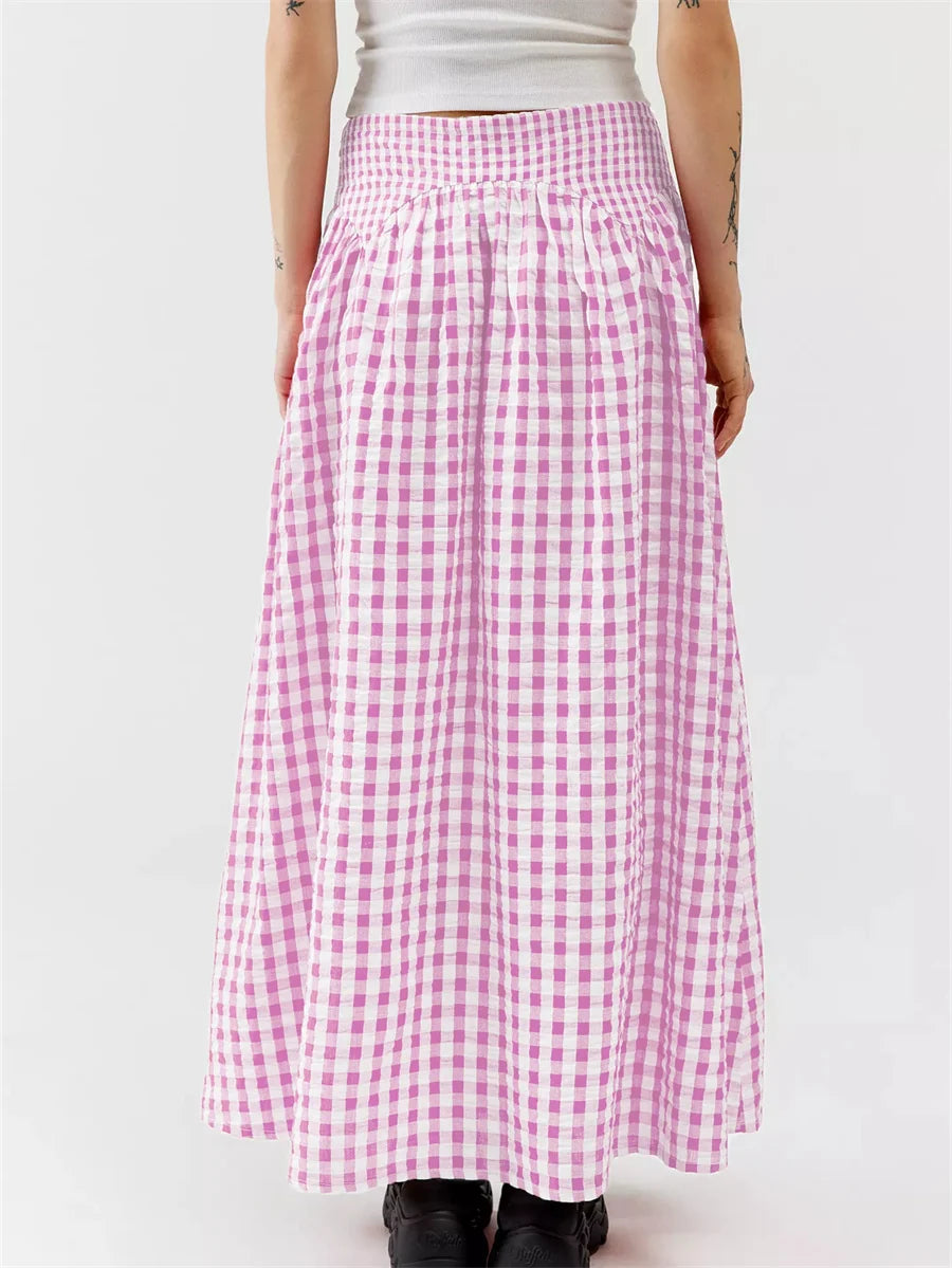 Women Y2K Bow Plaid Maxi Skirt High Waist Gingham Tiered Long Skirt Vintage A-Line Ruffle Flowy Midi Skirt Party Clubwear