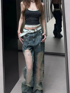 American Hot Girl Retro Washing Ripped Jeans for Women Summer Design Hollow 2000s Clothes Y2k Pants Baggy Harajuku Fashion Pant