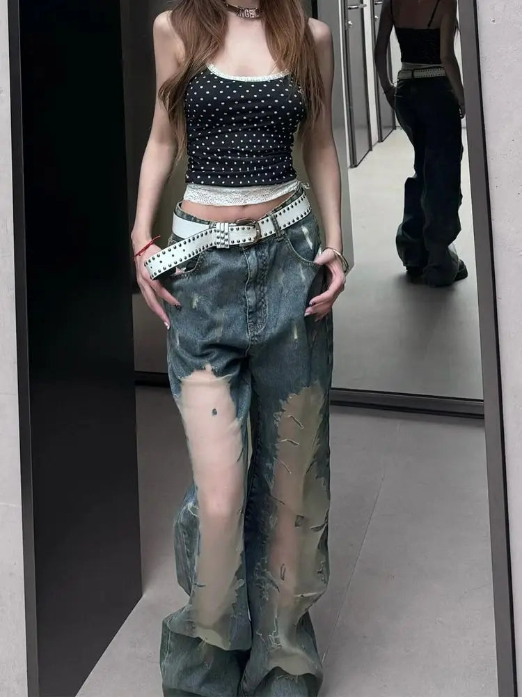American Hot Girl Retro Washing Ripped Jeans for Women Summer Design Hollow 2000s Clothes Y2k Pants Baggy Harajuku Fashion Pant