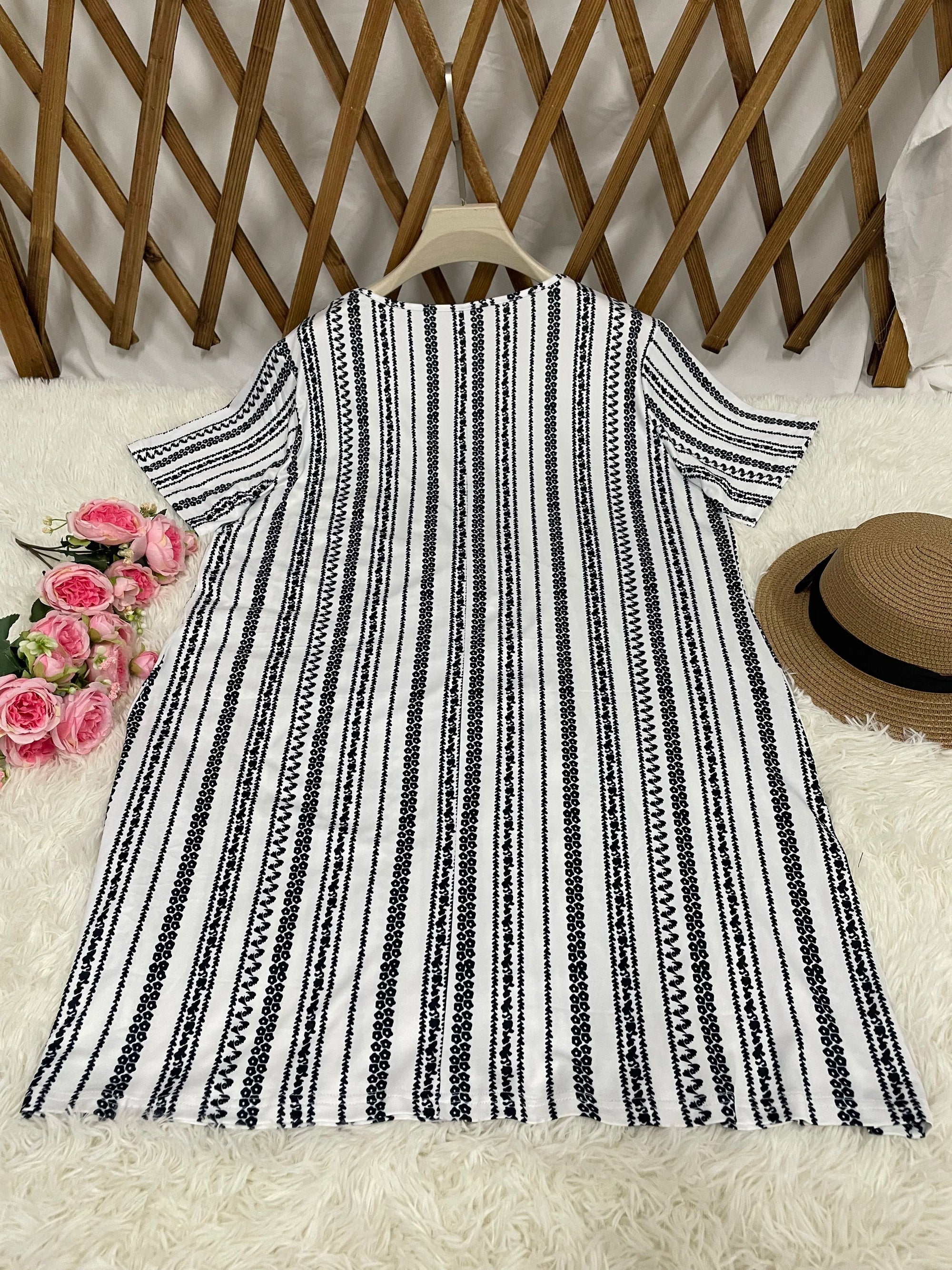 Casual Striped Print Dress For Women Fashion O-Neck Short Sleeve Loose Dresses Lady Office Womens Clothing Summer New Plus Size