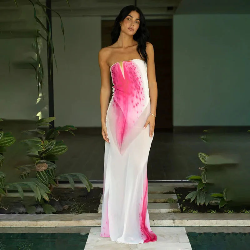 BIIKPIIK Vacation Mesh Semi-perspective Long Dress Sexy Floral Printed Strapless Party Dress Elegant Women Slim Fit Maxi Dresses