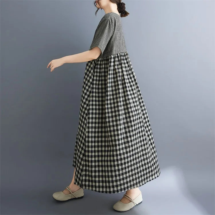 Short sleeve oversized vintage plaid patchwork new in dresses for women casual loose long summer dress elegant clothing 2025
