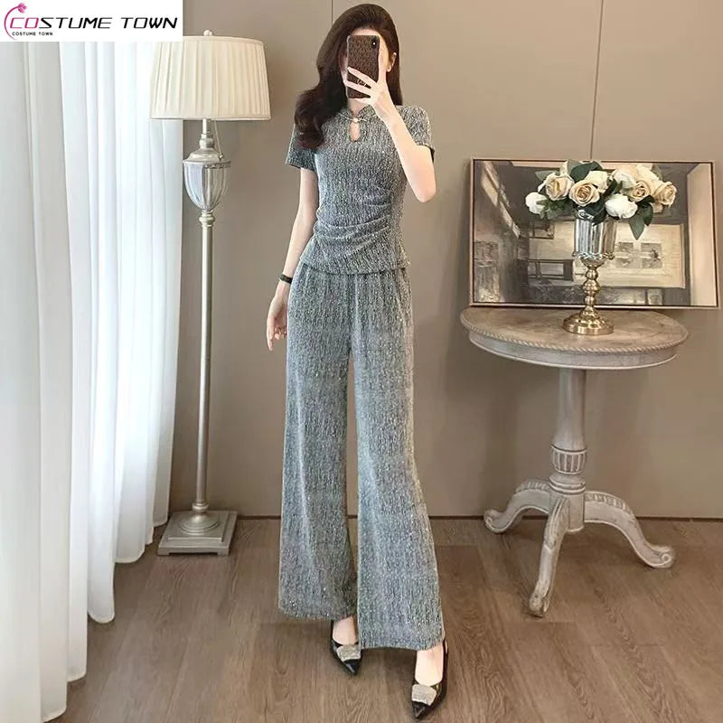 Fashion suit women's summer new style high-end feeling new Chinese style short sleeved top+casual wide leg pants two-piece set