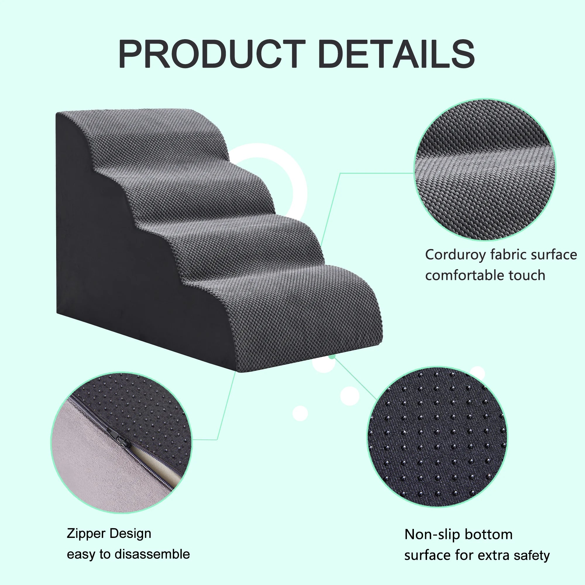 Curved Dog Stairs Ramp for High Beds 19.7" H, 4-Step Dog Steps for Small Dogs and Cats, Pet Stairs for High Bed Climbing, Grey