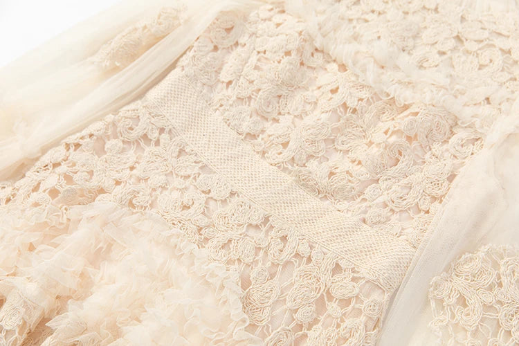 LD LINDA DELLA Fashion Designer Summer Dress Women's Vintage Solid Color Temperament Net Yarn Embroidery Cascading Ruffle Dress