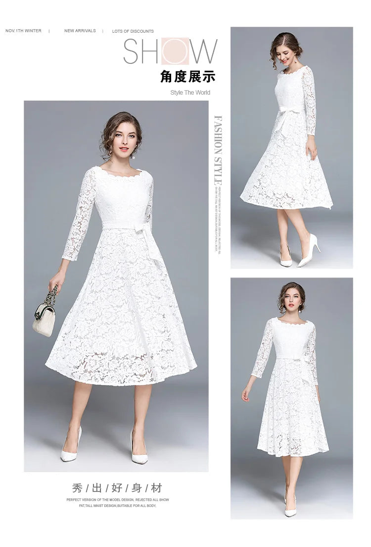 Lace White Prom Dress Women 2023 Summer Autumn Long Sleeve Sexy Slash Neck A Line Midi Party Vestidos Flower Embroidery