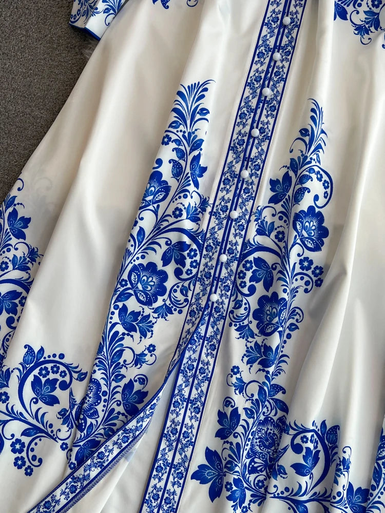 Spring Maxi Belt Dresses for Women Chic Vintage Printing Robe Femme Stand Neck Tunic Lantern Sleeve Dress 2024 Vestidos De Mujer