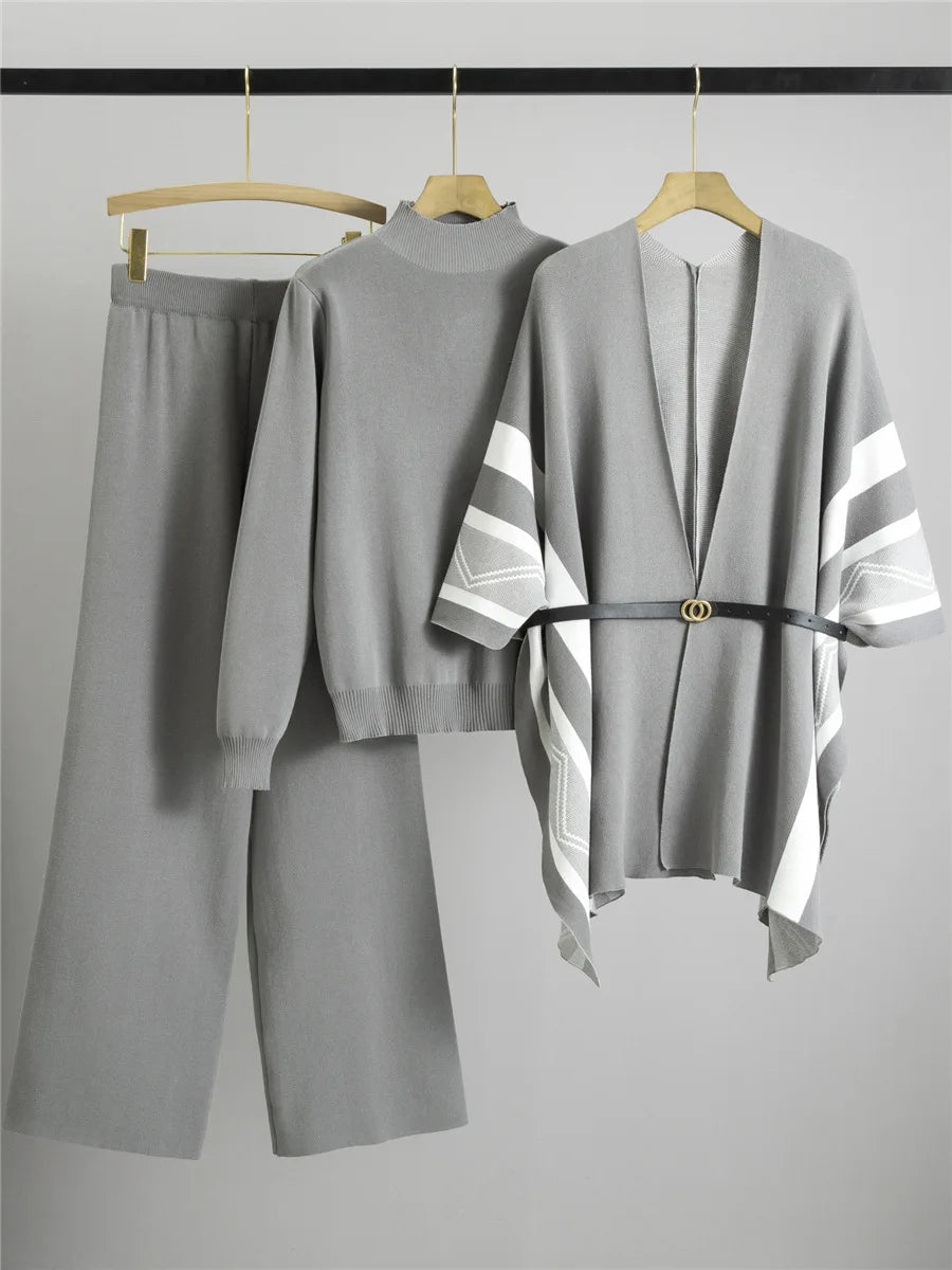 Korean Elegant Knitted 3 Piece Sets Women Sweater Pullover+chic Design Shawl Tops Conjuntos High Waist Wide Leg Pants Outfit New