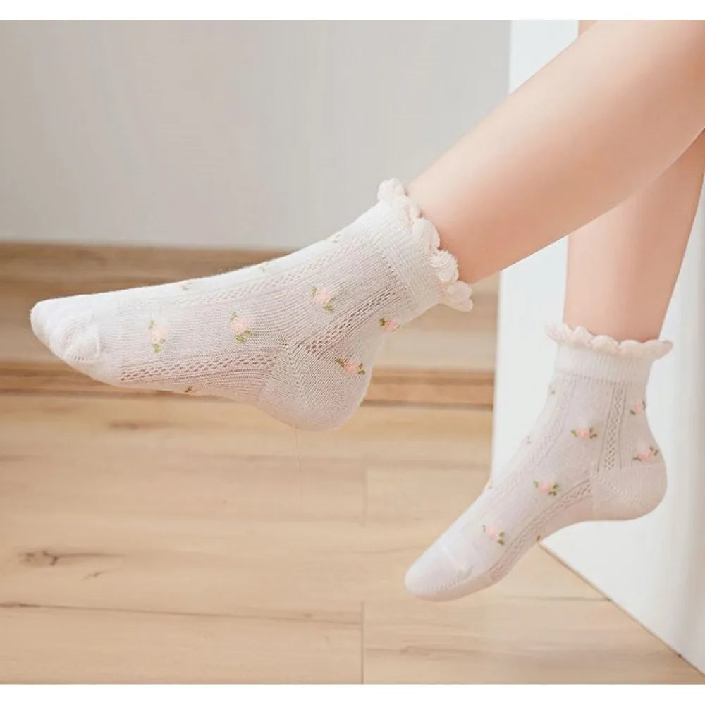 5 pairs of girls' summer thin socks, children's lace butterfly breathable mesh socks