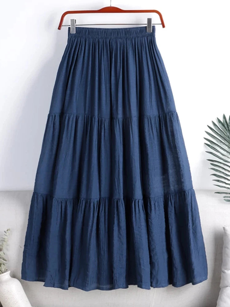 Designer Chic Maxi Skirt Woman 2024 New Summer A-Line Solid Patchwork Skirts Minimalist Casual Loose Pleated Skirts Jupe Femme