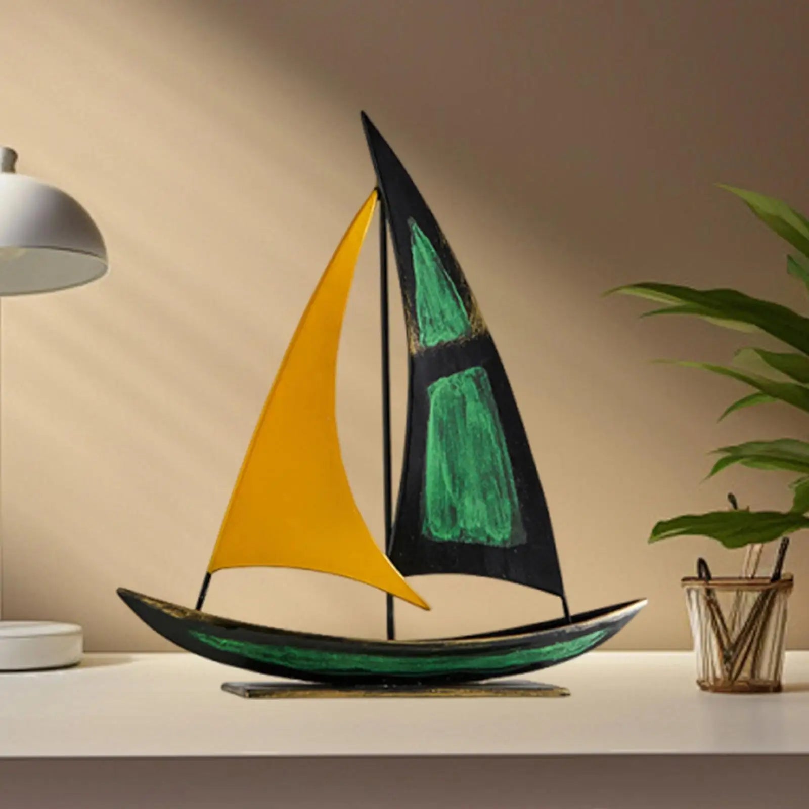 Iron Sailboat Sculpture Desktop Boat Statue Figurine Collection for Office Home Cabinet Table Centerpiece Living Room Decoration