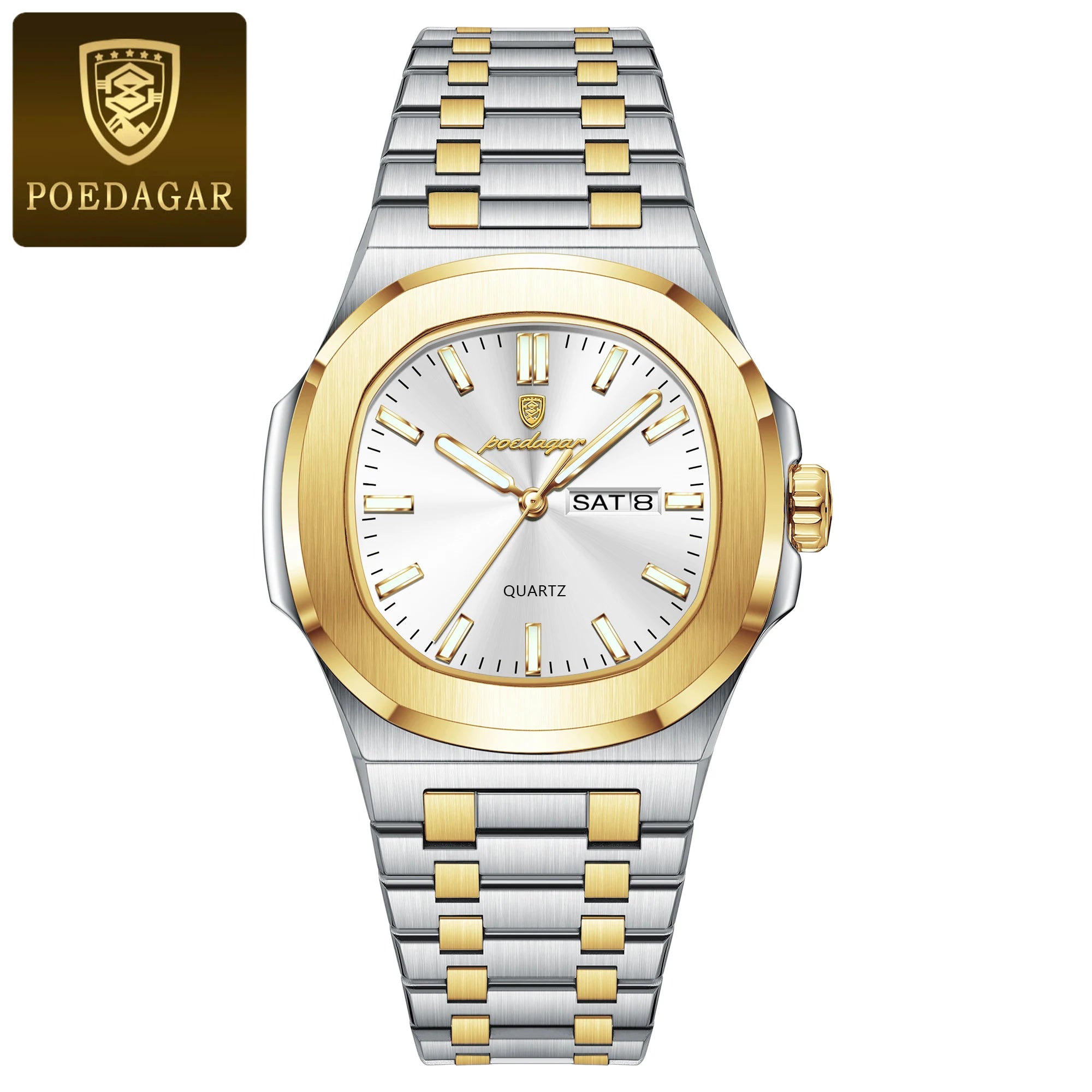 POEDAGAR Trendy Casual Wristwatch For Men Week Date Stainless Steel Man Watch Luminous Waterproof Luxury Quartz Men Watches+Box