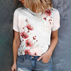 Minimalist style pink flowers paired with branch and leaf prints for daily casual and versatile women's short sleeved T-shirt