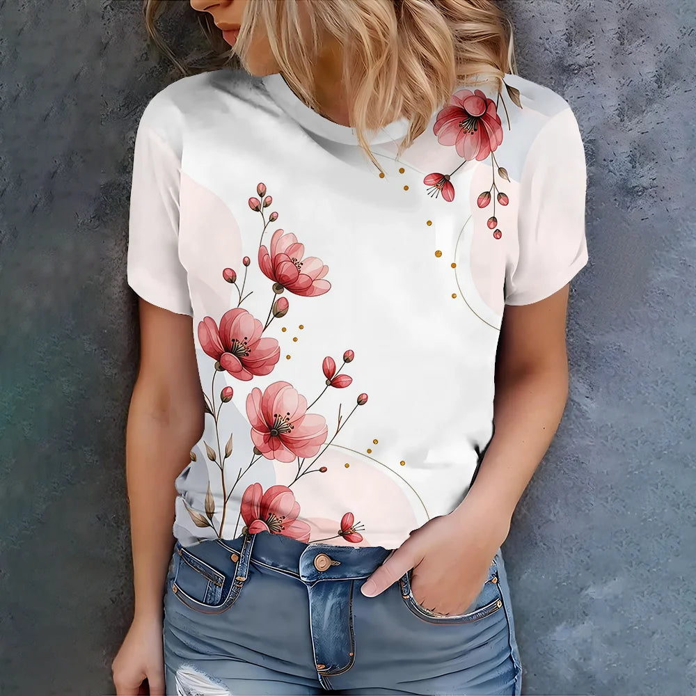 Minimalist style pink flowers paired with branch and leaf prints for daily casual and versatile women's short sleeved T-shirt