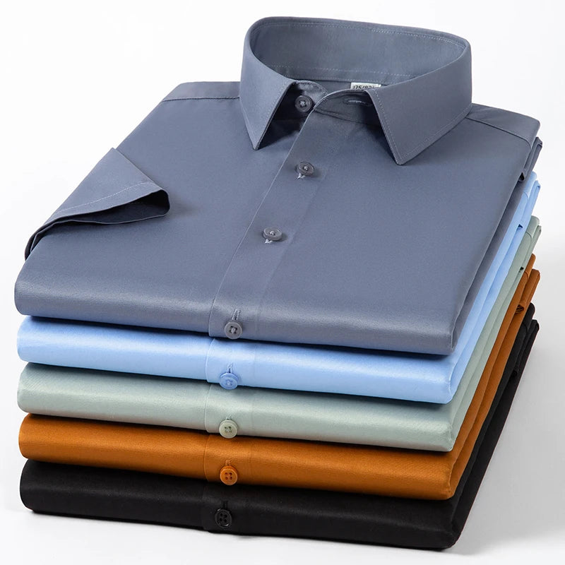 2023 Summer Short Sleeve High Density Silky Material Solid  Elastic Business Men Dress Shirts No Pocket Stretch Clothes