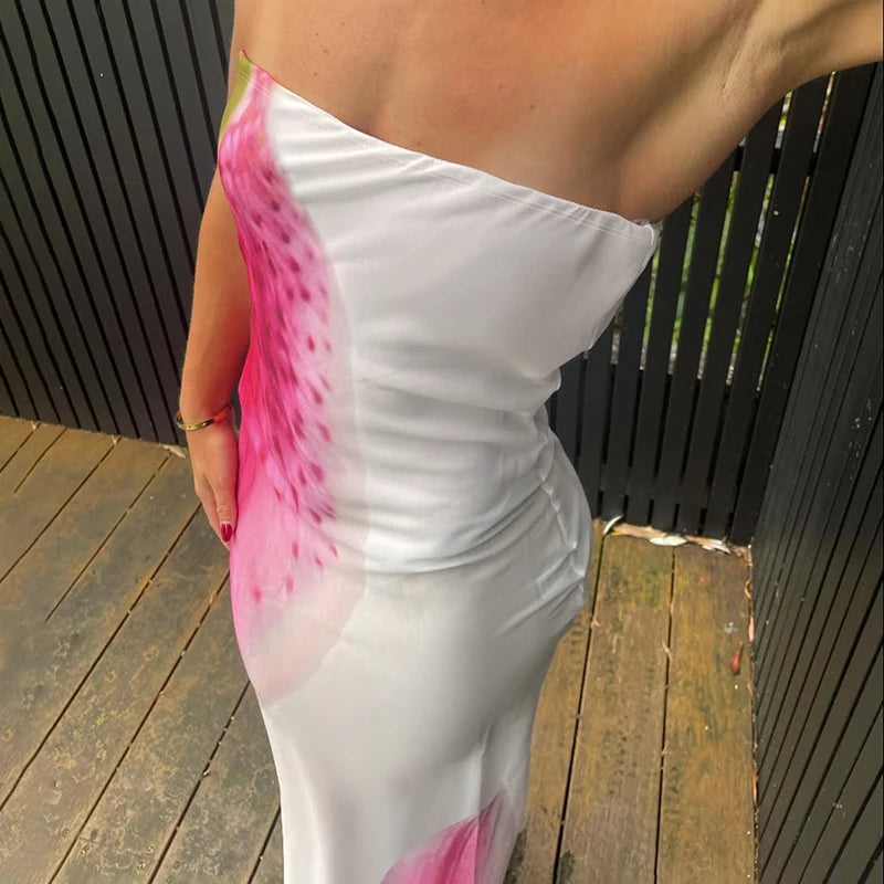 BIIKPIIK Vacation Mesh Semi-perspective Long Dress Sexy Floral Printed Strapless Party Dress Elegant Women Slim Fit Maxi Dresses