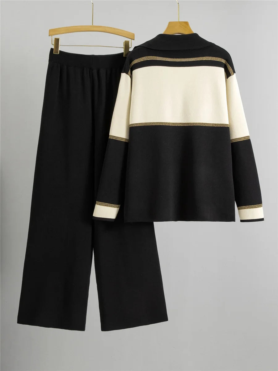 Korean Design Knitted 2 Piece Sets Women Knitwears Double Breasted Sweater Cardigan Tops Conjuntos High Waist Sweatpants Outfit