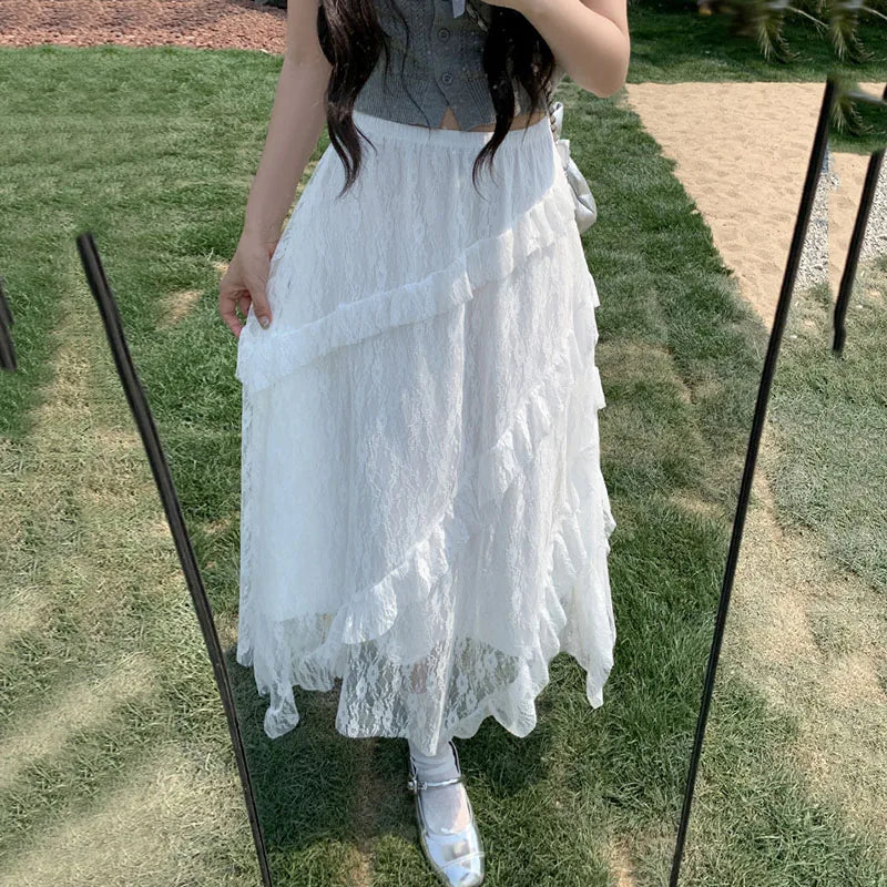 White Lace Irregular Maxi Skirts Women Vintage Ruffles Spliced A-Line Skirts Woman Summer Design Sheer High Waist Cake Skirt