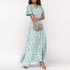 Women V-neck Ruffle Short Sleeve Maxi Dress Waist Tight High-waist Hem Sweet Floral Print Elegant Dress Female Clothing Vestidos