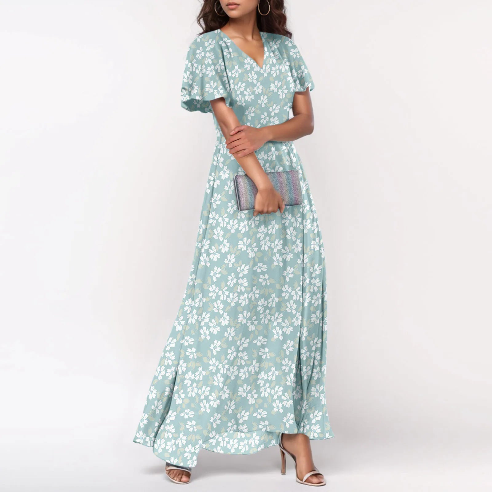 Women V-neck Ruffle Short Sleeve Maxi Dress Waist Tight High-waist Hem Sweet Floral Print Elegant Dress Female Clothing Vestidos