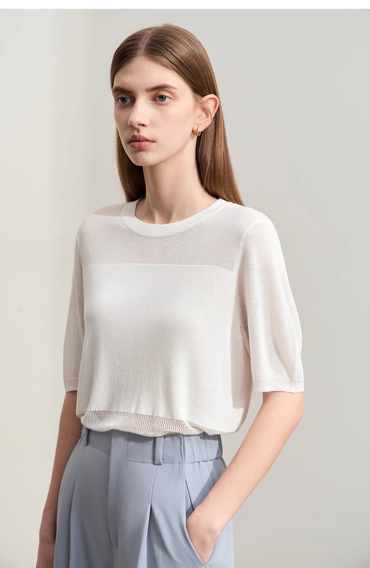 Amii Minimalism 2024 Knit Sweater Women Summer New Solid O-Neck Loose Short-sleeved Wool Casual Patchwork Chic Tops 12422028
