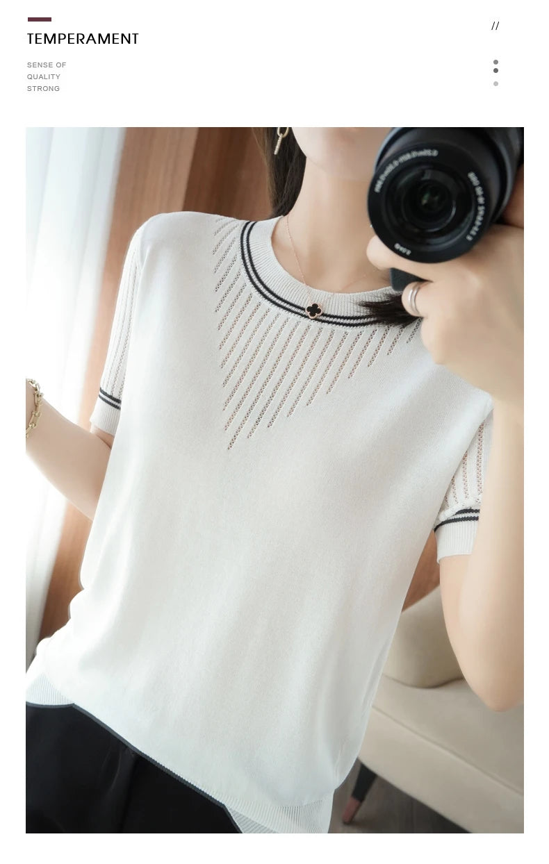 Women New Summer Short-sleeved Tees O-Neck Slim 100% Cotton Linen Hollow Pullover T-shirt Knitted Base Casual Sweater